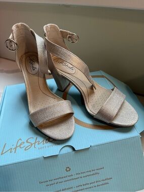 Life Stride Gold Metallic Block Heel Sandals with Ankle Strap